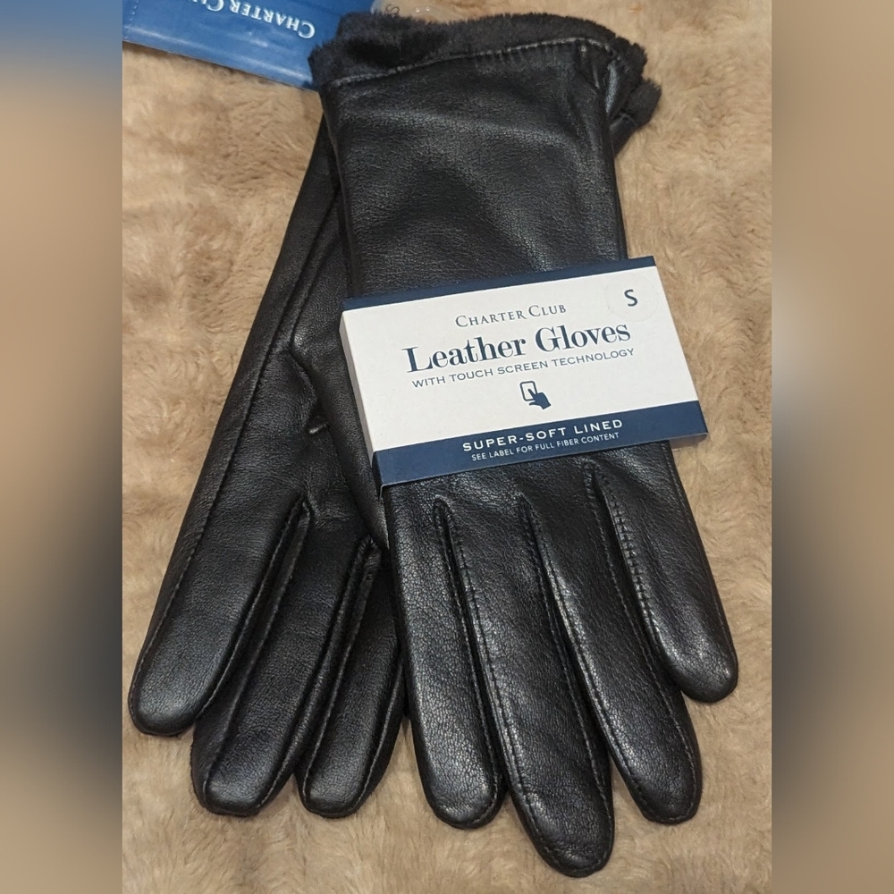 NWT Charter Club Black Leather Gloves - Sz Small